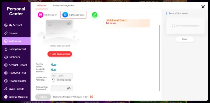 WinPKR Withdraw Method